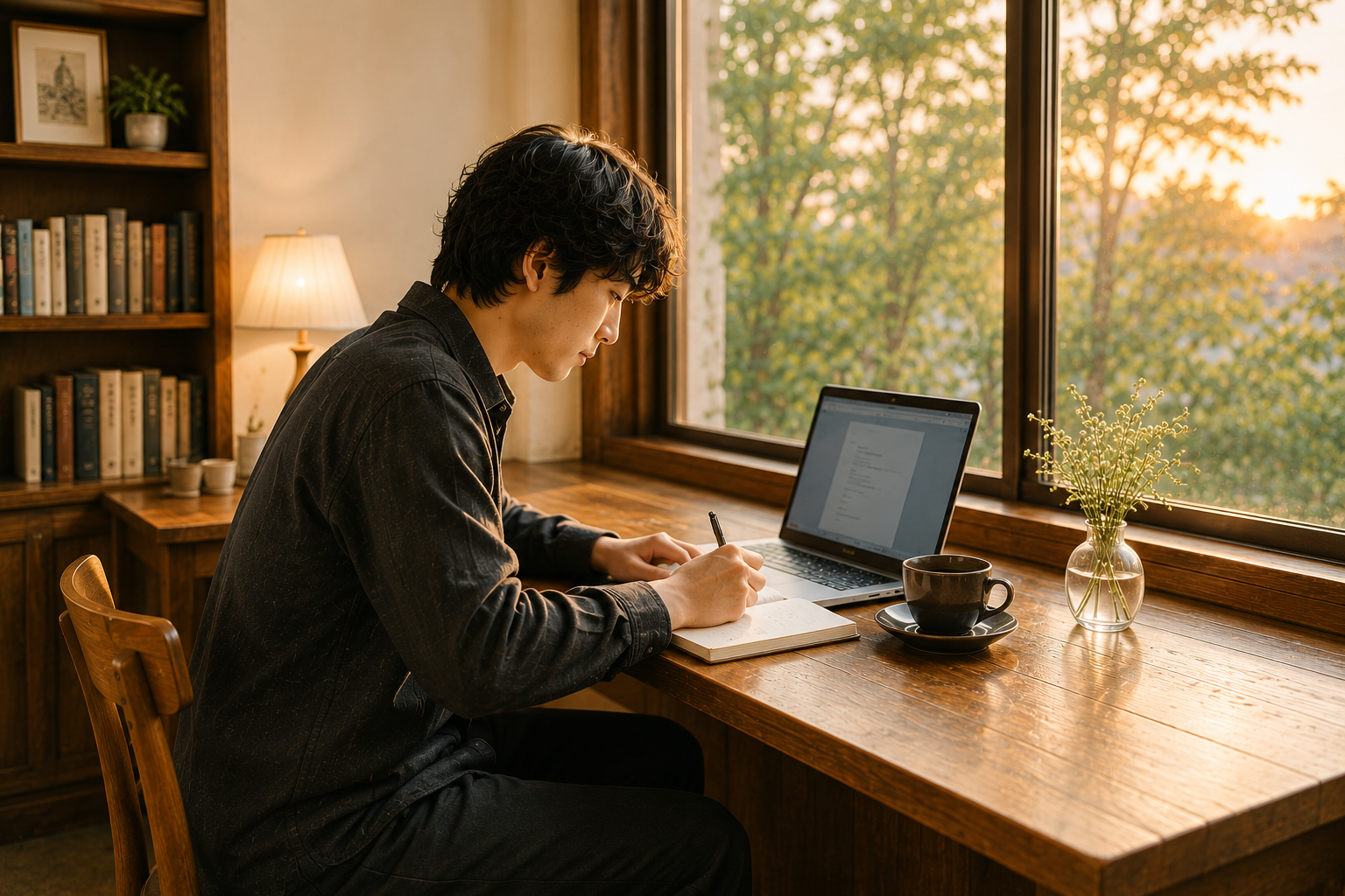 PCとノートとコーヒーを置き、考えごとや仕事を進める時間