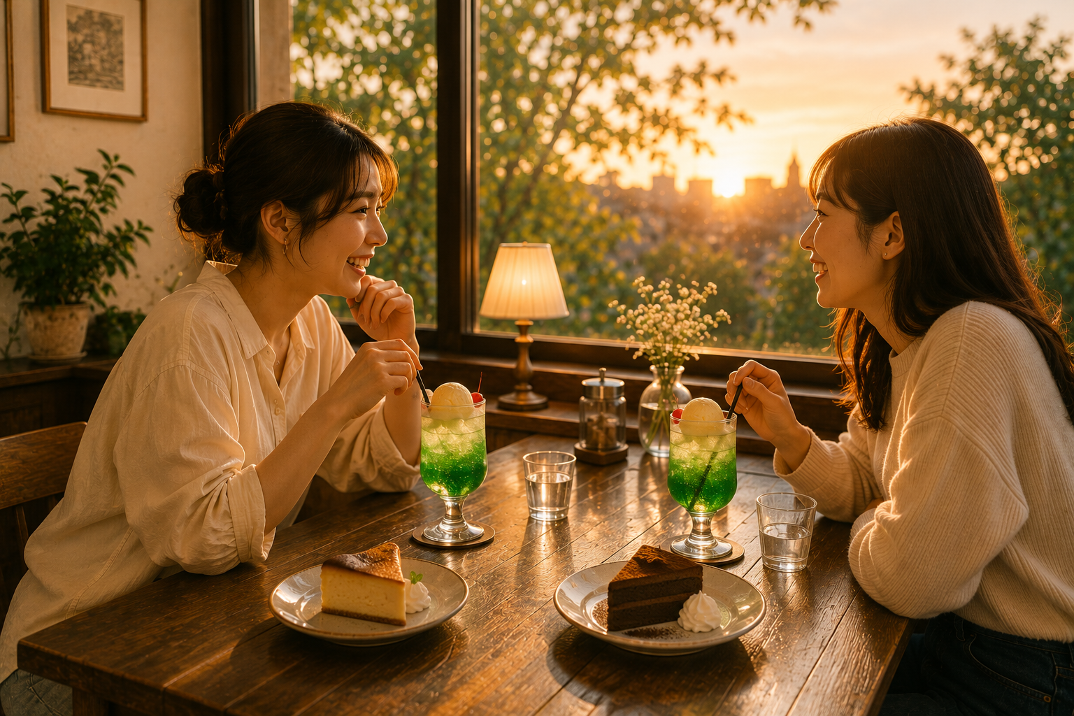 会話をしながらクリームソーダを楽しむ様子
