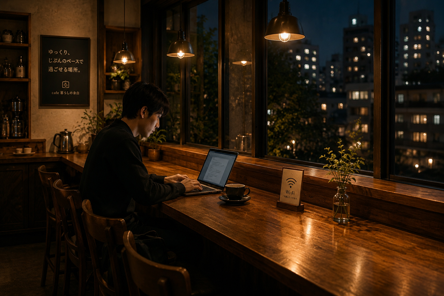 カウンター席でPC作業ができる店内の様子