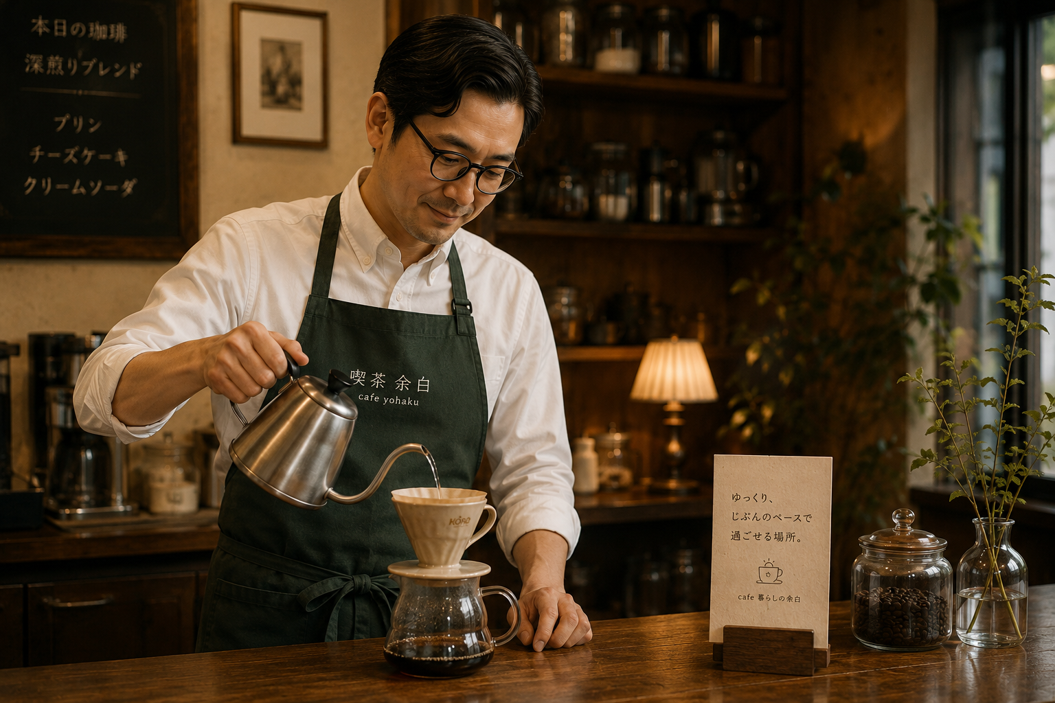 喫茶余白のオーナーがコーヒーを淹れている様子